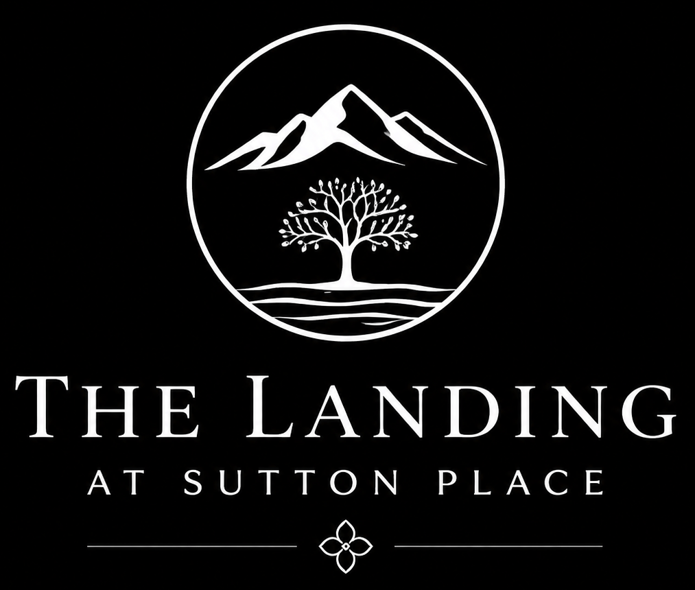 A logo with a tree, mountains, and the text "The Landing at Sutton Place".